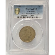 AUSTRALIA 2000 . ONE 1 DOLLAR COIN . ERROR . MULE . STRUCK ON TEN 10 CENTS